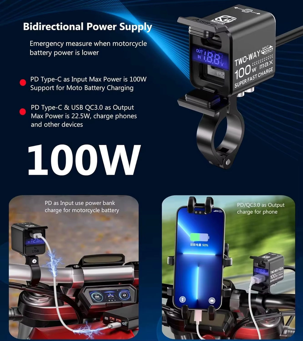 Motorcycle Phone Tablet USB Charger 100W Super Fast Emergency Two-Way Charging PD & QC3.0 Moto Battery Charger & Voltmeter