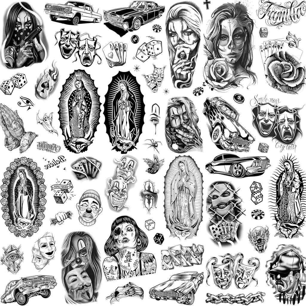 6 Sheets Large Chicano Temporary Tattoos for Men Women Adult,Chicana Guadalupe Gangster Fake Tattoos Prisoner Day of the Dead, Halloween Mexico Tattoo Stickers,Tatuajes Temporales Autocolante