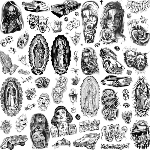 6 Sheets Large Chicano Temporary Tattoos for Men Women Adult,Chicana Guadalupe Gangster Fake Tattoos Prisoner Day of the Dead, Halloween Mexico Tattoo Stickers,Tatuajes Temporales Autocolante