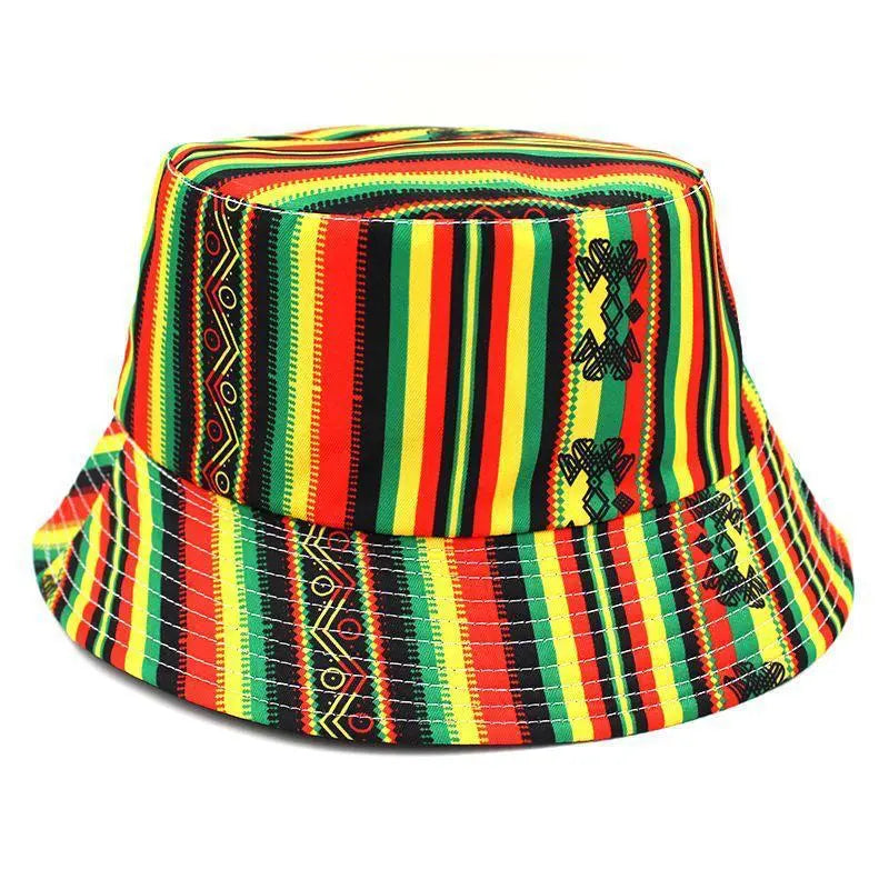 Bohemian Rasta Tribal Jamaican Reggae Hot Trendy Rastafari Reversible Bucket Hat Summer Striped Cotton Silk