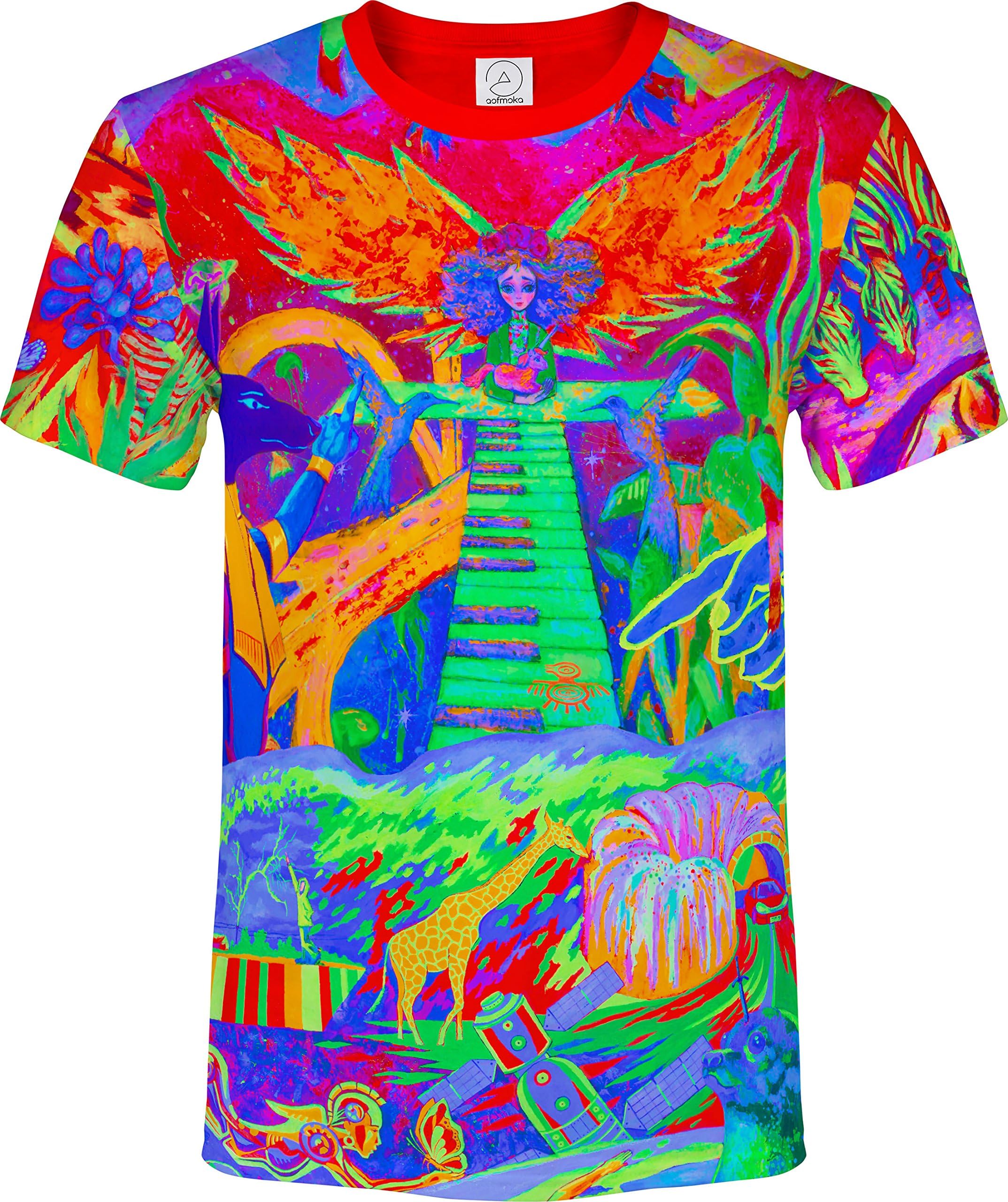 aofmoka Neon Glow Blacklight UV Reactive Party Rave Handmade Art Tee Sport Top Workout Shirt Women Unisex Men Design T-Shirt