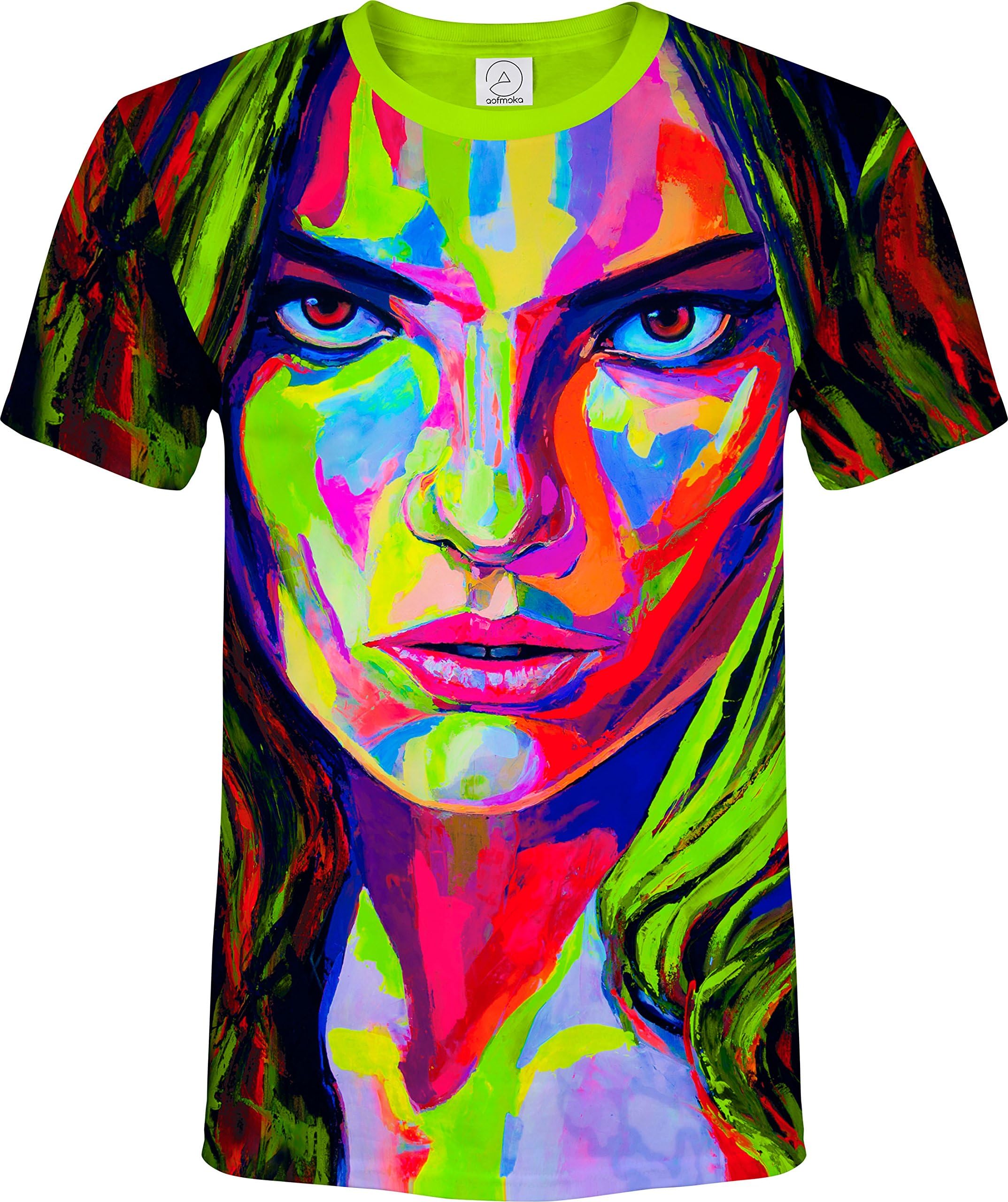 aofmoka Neon Glow Blacklight UV Reactive Party Rave Handmade Art Tee Sport Top Workout Shirt Women Unisex Men Design T-Shirt