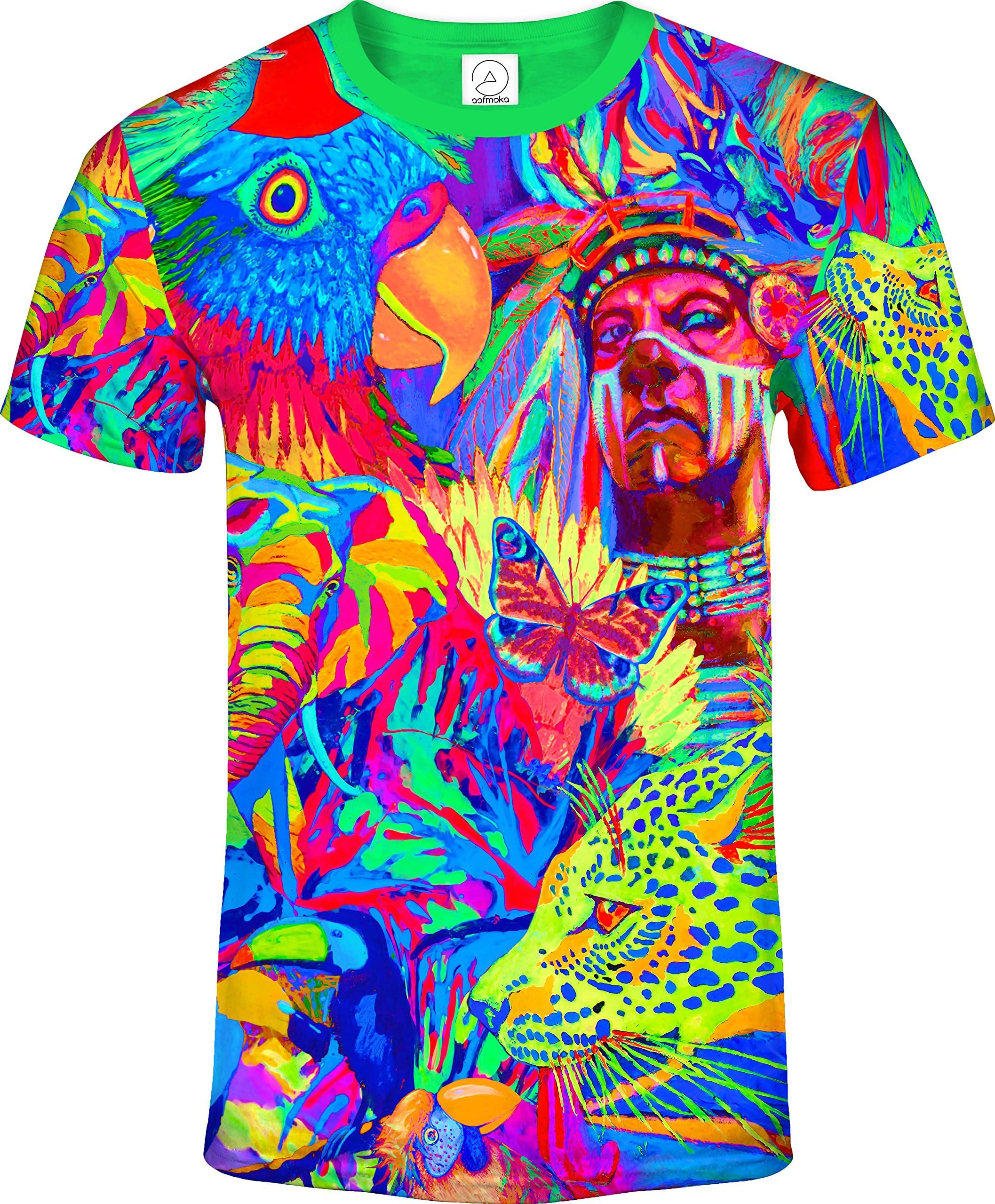 aofmoka Neon Glow Blacklight UV Reactive Party Rave Handmade Art Tee Sport Top Workout Shirt Women Unisex Men Design T-Shirt