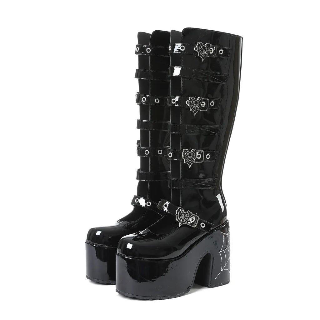 VIMISAOI Womens Platform Knee High Goth Boot round Toe Chunky Block High Heel Metal Buckles Spider Combat Motorcycle Punk Rave Party Fashion Boots