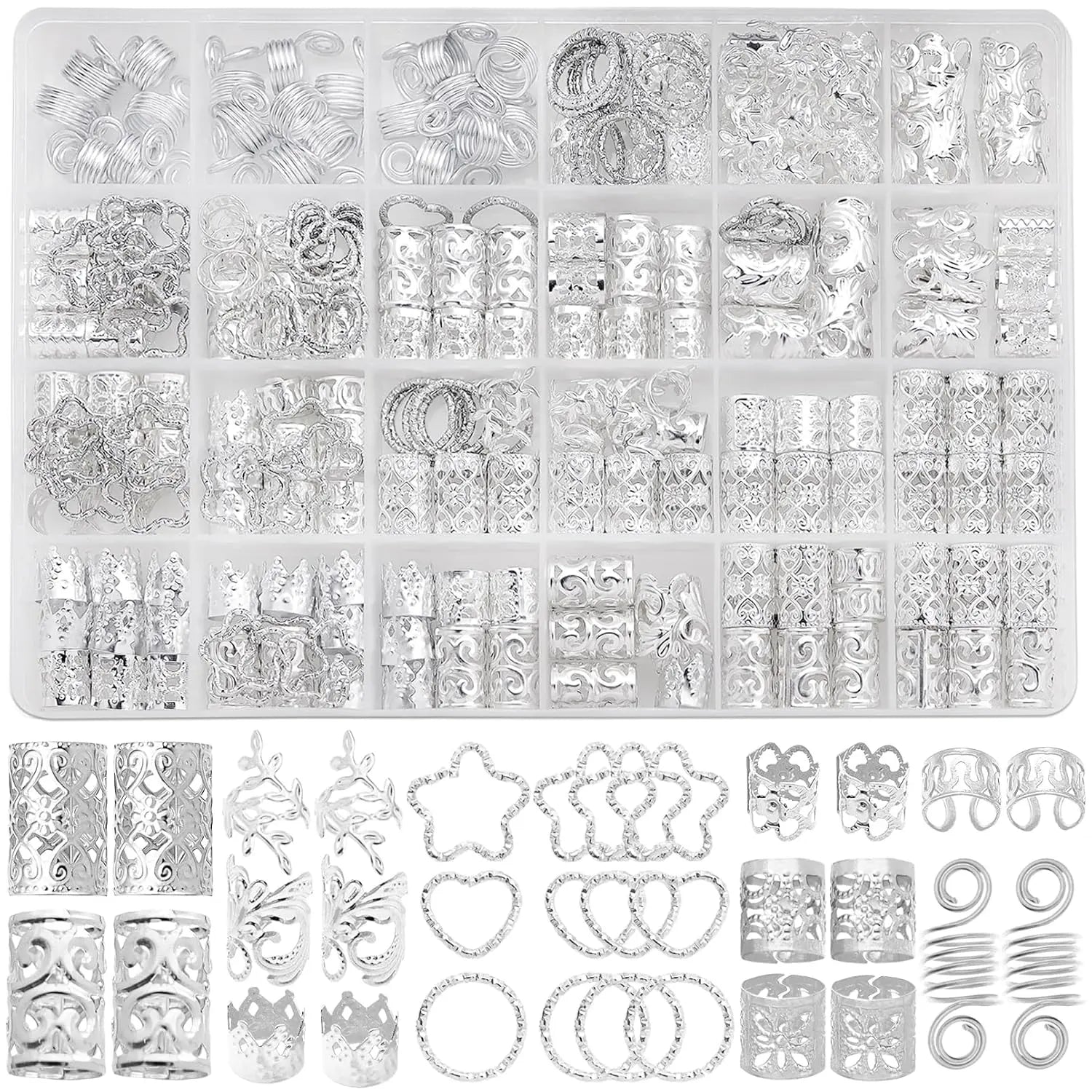 260 Pcs Hair Jewelry for Braids,Hair Beads Accessories for Dreadlock,Metal Hair Clips Cuffs Rings,Loc Rave Hair Charm Decorations Adjustable Kits for Men Women Silver