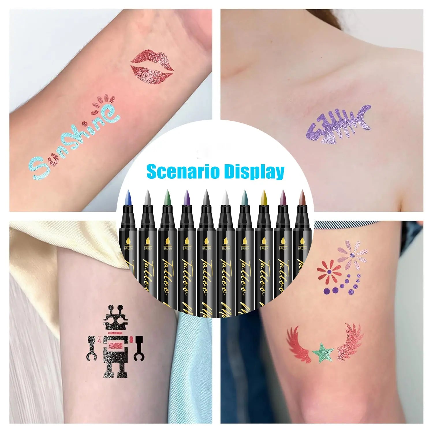 Temporary Tattoo Markers for Skin 10-Count Body Markers 10 Colors Tattoo Pens Waterproof Sweatproof Long-Lasting Body Art Markers for DIY Designs Easy to Remove Washable Body Painting Perfect for Parties and Festive Gifts