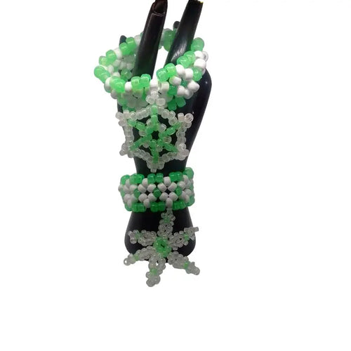 2 Glow Green Kandi Mini Cuff Rave Bracelet W/Bead Snowflake Charm of Glow in Dark Mini Pony Beads EDC