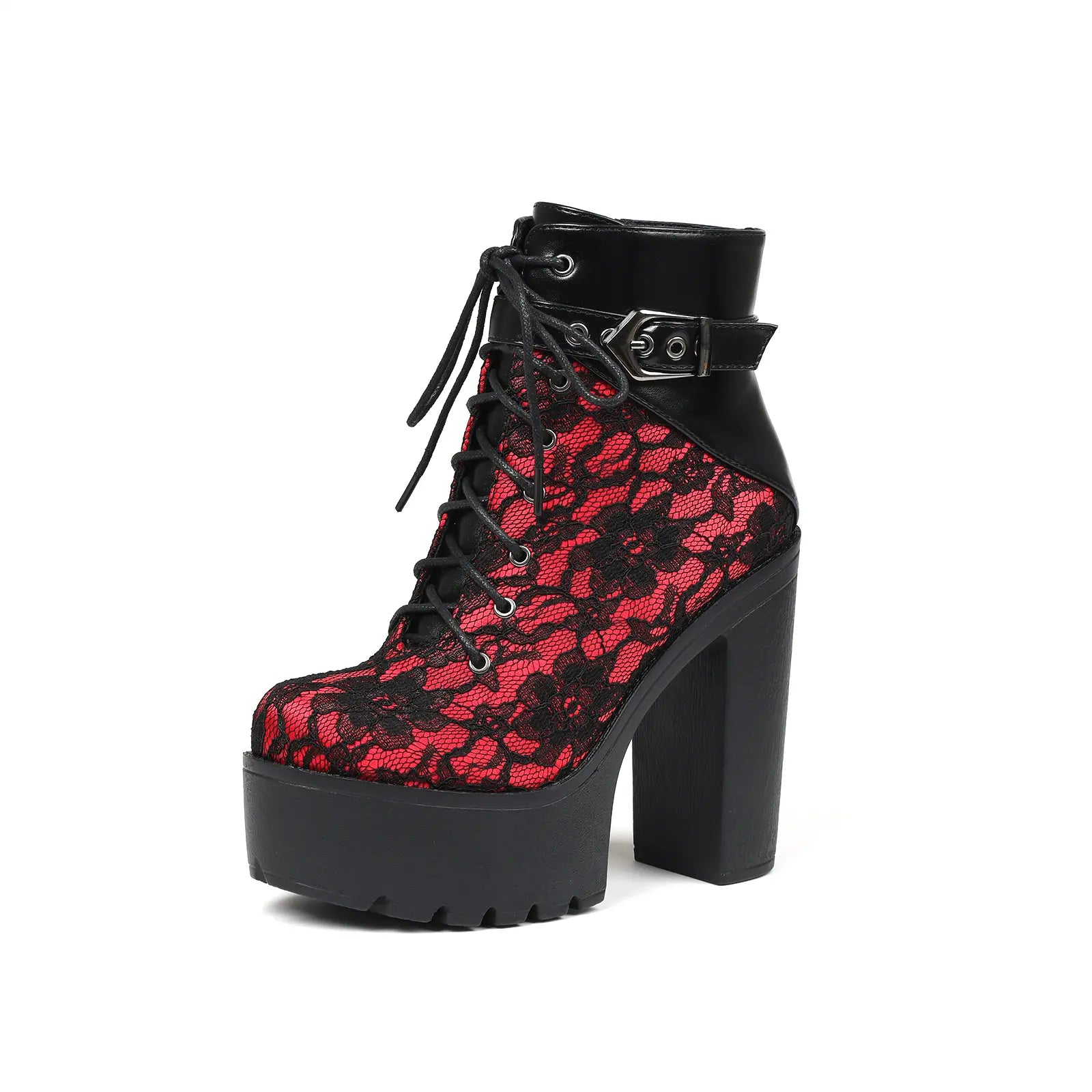 Ankle Boots for Women Platform Goth Boot round Toe Chunky Block High Heel Lace up Side Zipper Metal Buckle Victorian Lace Fashion Date Punk Rave Party Concert Combat Booties