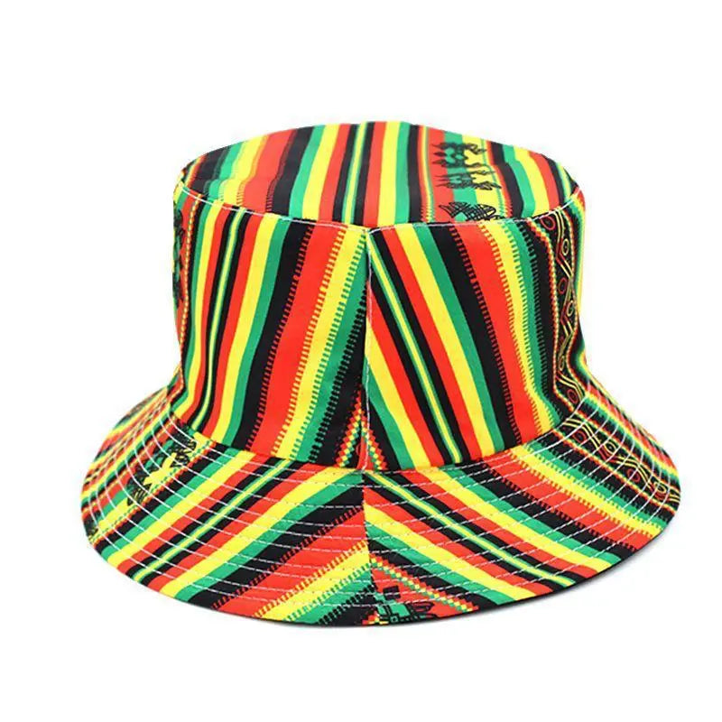 Bohemian Rasta Tribal Jamaican Reggae Hot Trendy Rastafari Reversible Bucket Hat Summer Striped Cotton Silk