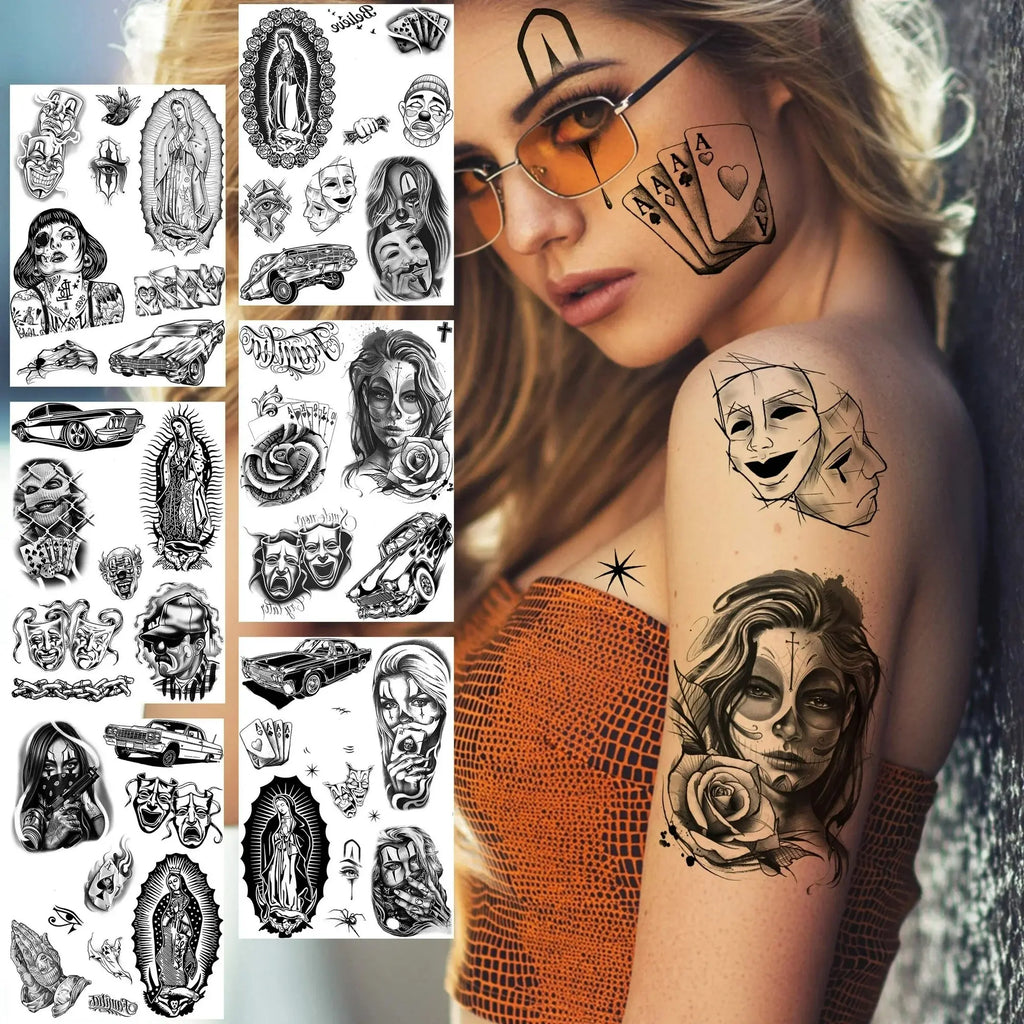 6 Sheets Large Chicano Temporary Tattoos for Men Women Adult,Chicana Guadalupe Gangster Fake Tattoos Prisoner Day of the Dead, Halloween Mexico Tattoo Stickers,Tatuajes Temporales Autocolante
