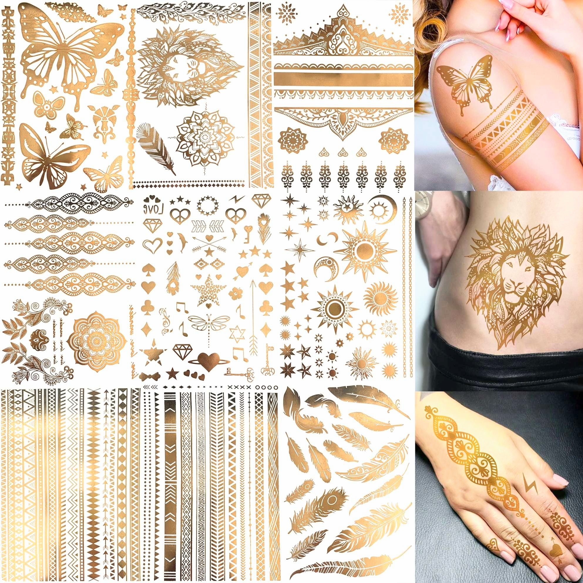 Gold Flash Temporary Tattoos – 9 Sheets, 110+ Festival Designs
