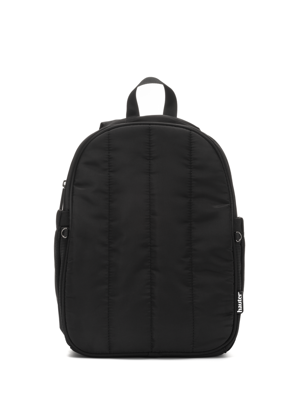 A black hydration backpack with a simple solid pattern, featuring a top handle, side pockets, and a front zipper compartment.