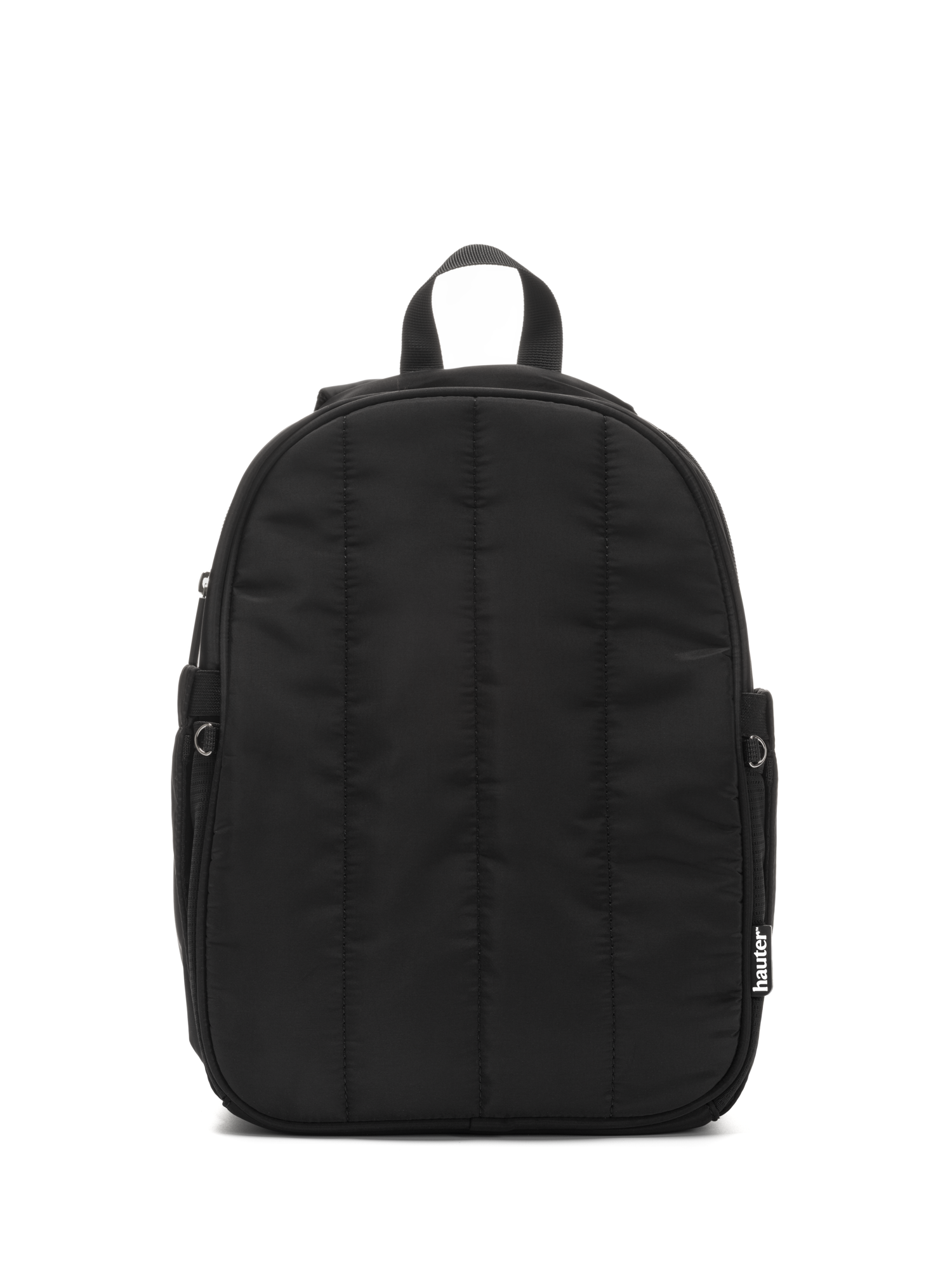 A black hydration backpack with a simple solid pattern, featuring a top handle, side pockets, and a front zipper compartment.