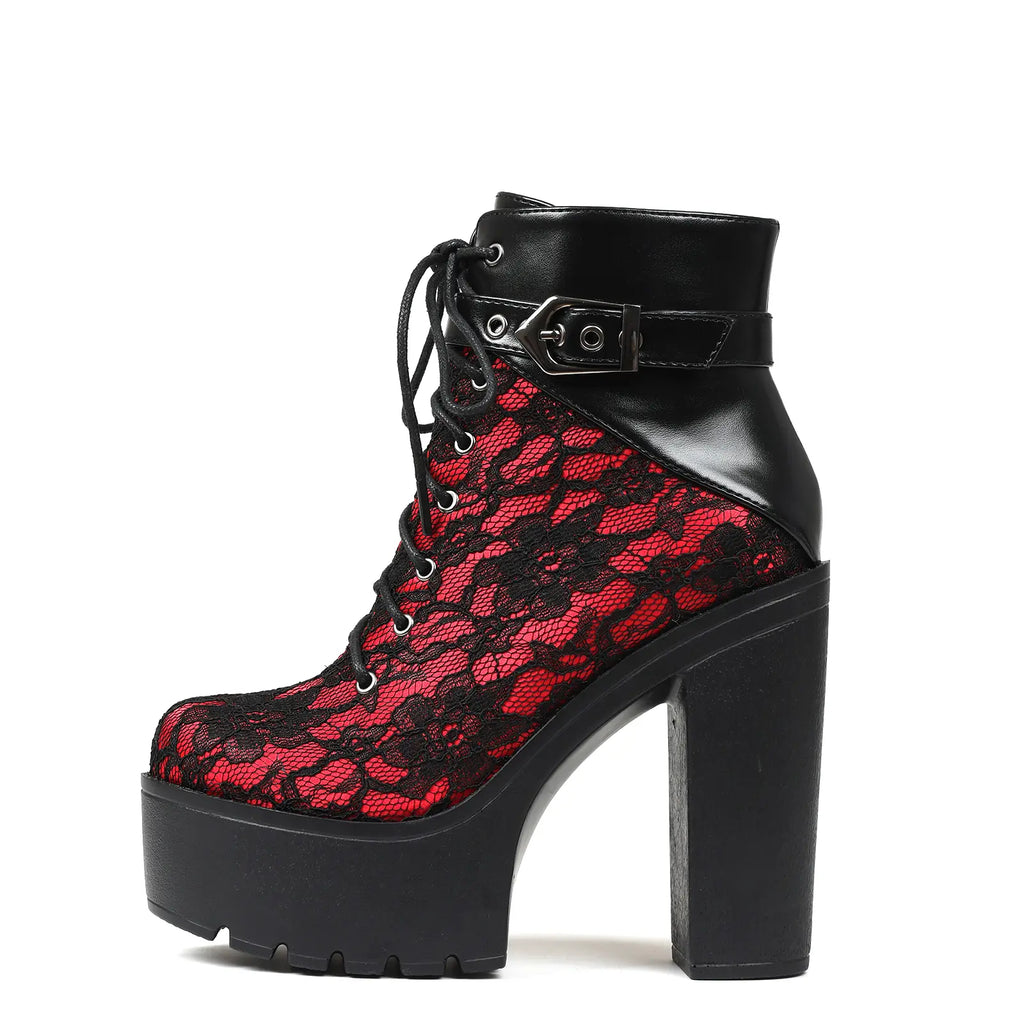 Ankle Boots for Women Platform Goth Boot round Toe Chunky Block High Heel Lace up Side Zipper Metal Buckle Victorian Lace Fashion Date Punk Rave Party Concert Combat Booties