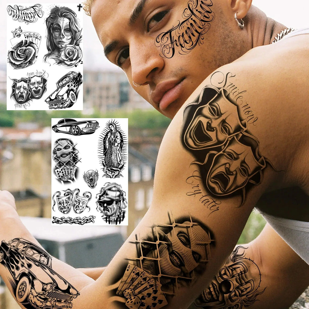 6 Sheets Large Chicano Temporary Tattoos for Men Women Adult,Chicana Guadalupe Gangster Fake Tattoos Prisoner Day of the Dead, Halloween Mexico Tattoo Stickers,Tatuajes Temporales Autocolante