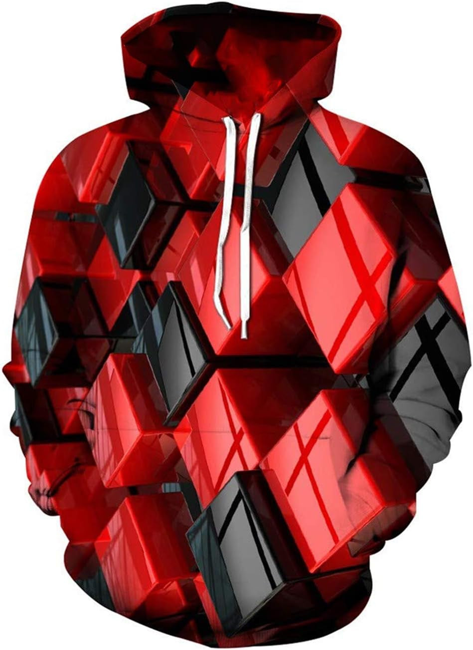 3D Graphic Hoodies Women Mens Cool Color Block Thicken Sweatshirt with Drewatring Long Sleeve Jacket Shirt with Big Pocket L