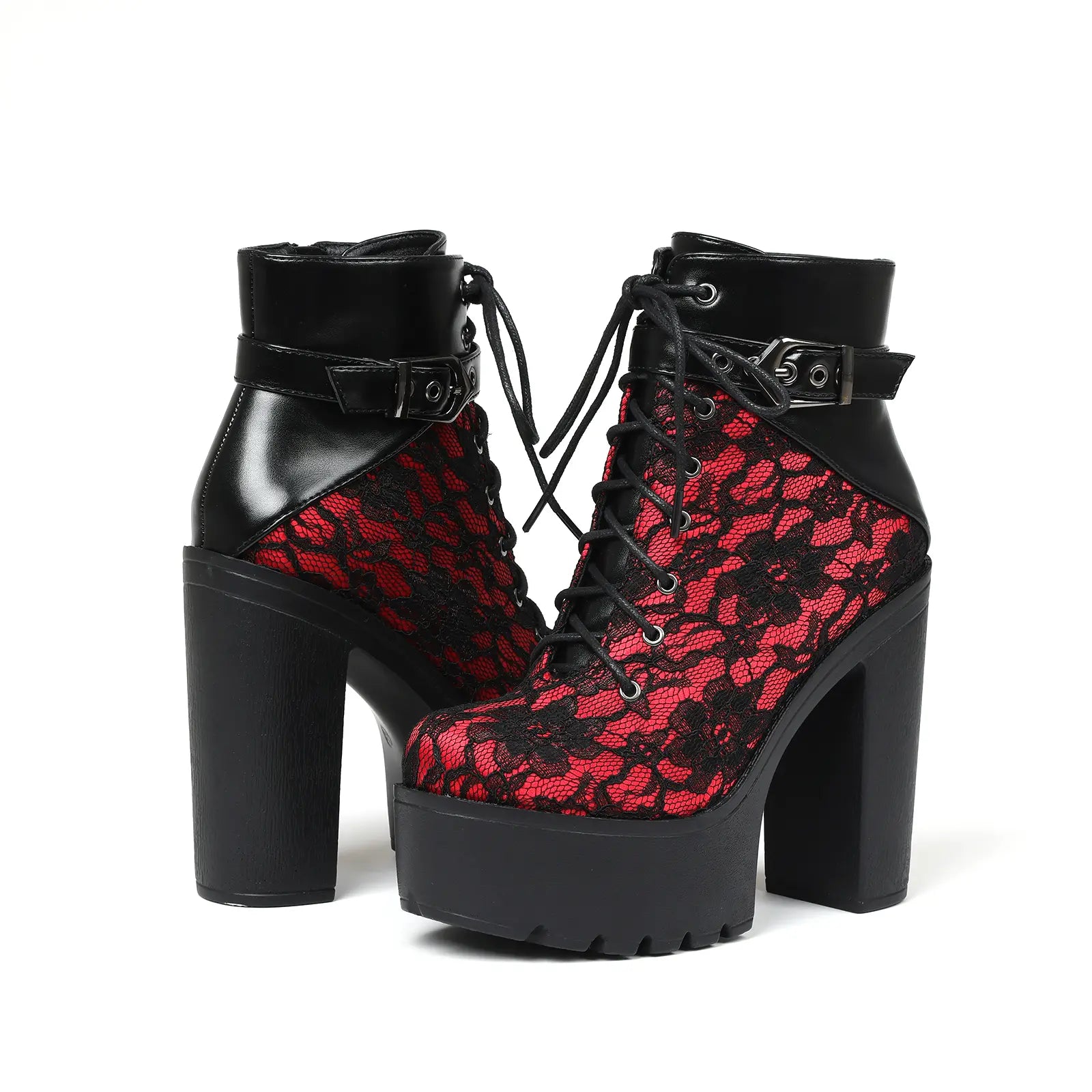 Ankle Boots for Women Platform Goth Boot round Toe Chunky Block High Heel Lace up Side Zipper Metal Buckle Victorian Lace Fashion Date Punk Rave Party Concert Combat Booties