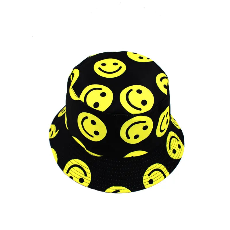 Happy Face Hot Trendy Black Yellow Reversible Bucket Hat Smiley Face