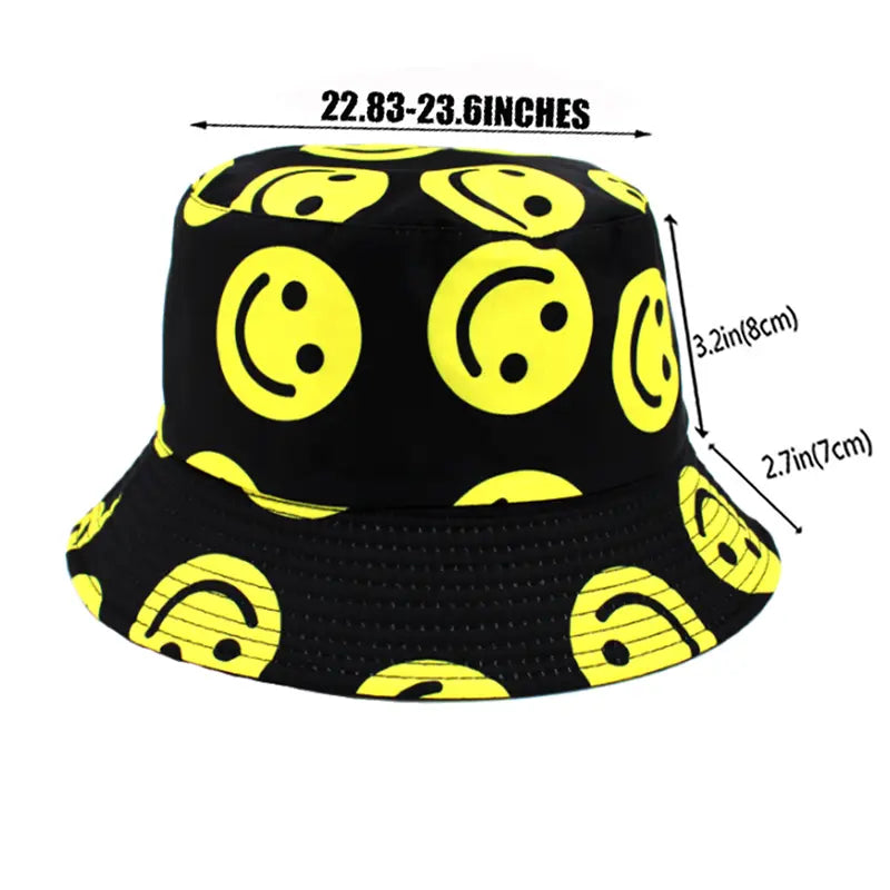 Happy Face Hot Trendy Black Yellow Reversible Bucket Hat Smiley Face