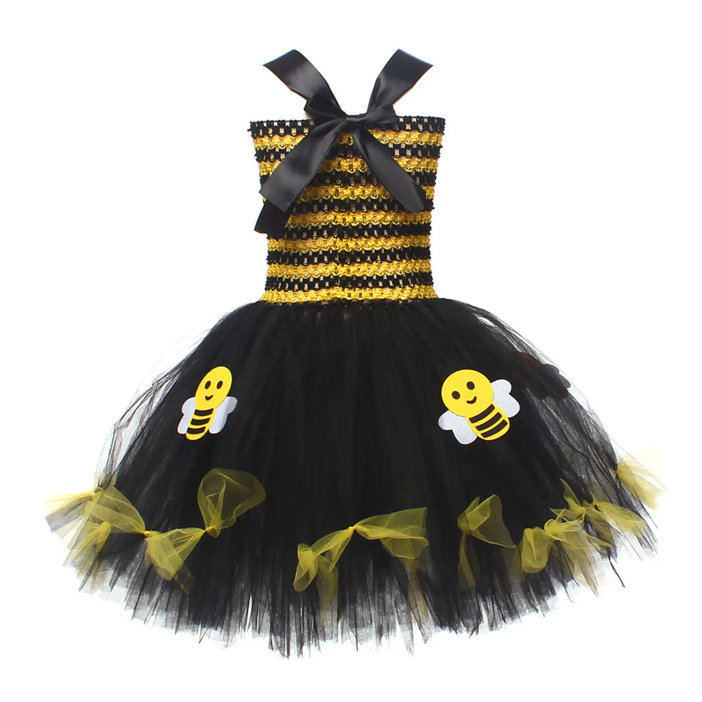 Toddler Kids Girls Halloween Cosplay Bee Costume Sleeveless Tulle Dress Headband Leg Warmers Wand Wing Sets for Rave Cosplay Party