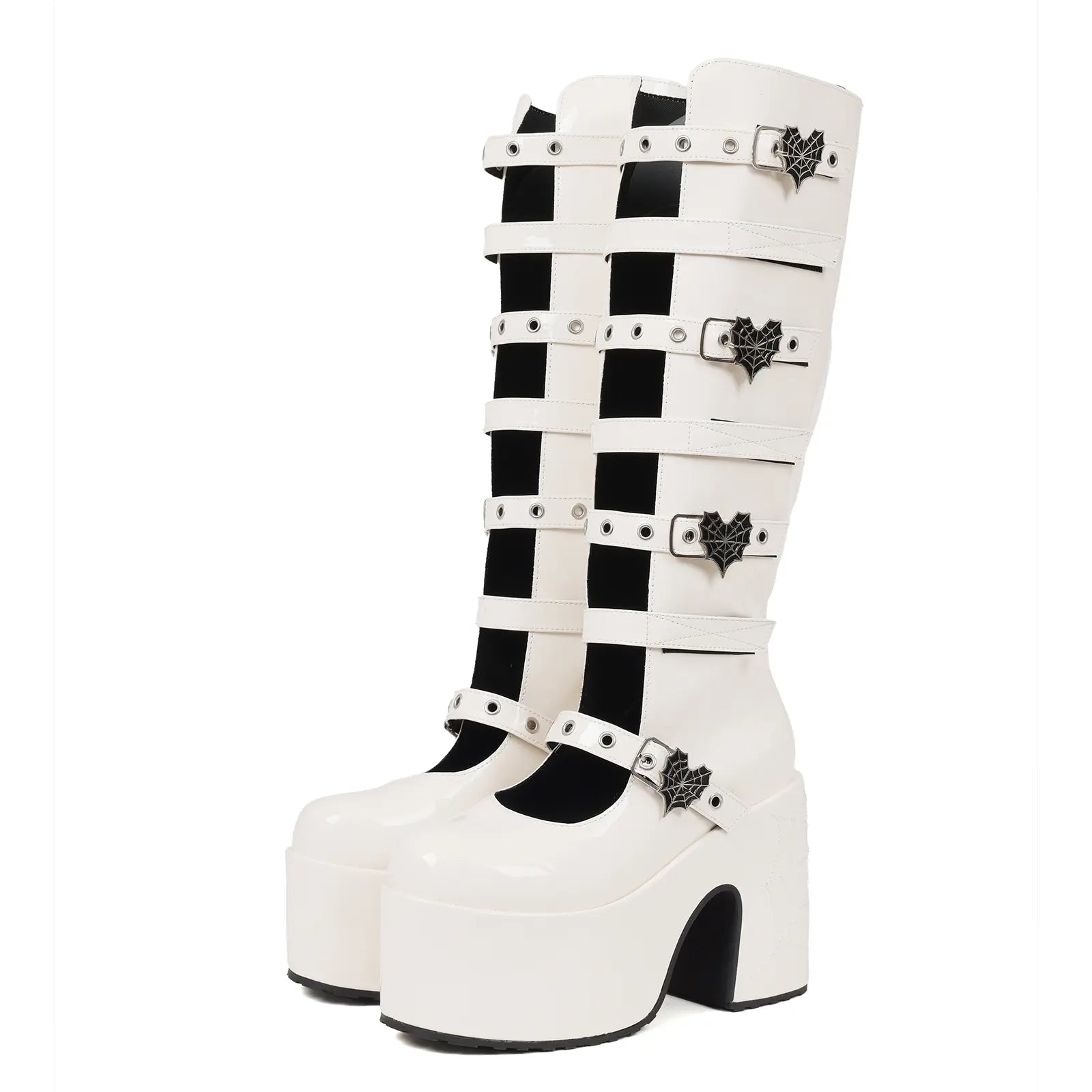 VIMISAOI Womens Platform Knee High Goth Boot round Toe Chunky Block High Heel Metal Buckles Spider Combat Motorcycle Punk Rave Party Fashion Boots