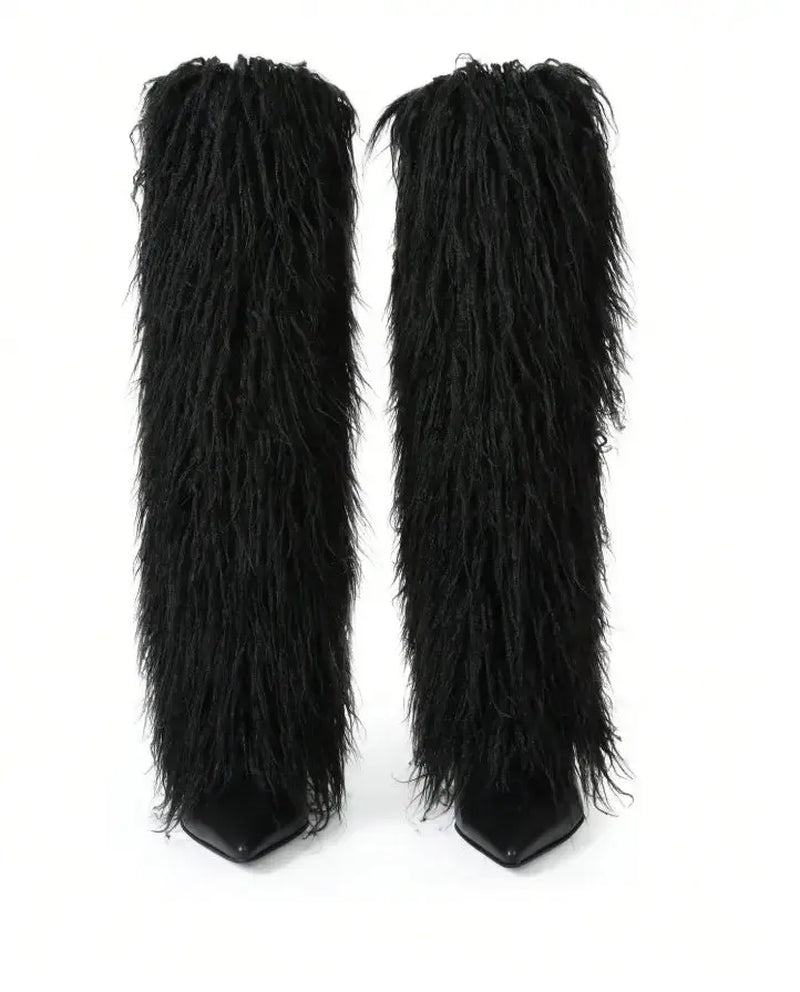 Black Luxe Faux Fur Boot Heels – Plush Knee-High Faux Fur, Sleek Stiletto Heel, Soft Interior, Slip-On Comfort, Perfect for Parties & Night Out Women’S Footwear
