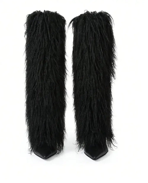Black Luxe Faux Fur Boot Heels – Plush Knee-High Faux Fur, Sleek Stiletto Heel, Soft Interior, Slip-On Comfort, Perfect for Parties & Night Out Women’S Footwear
