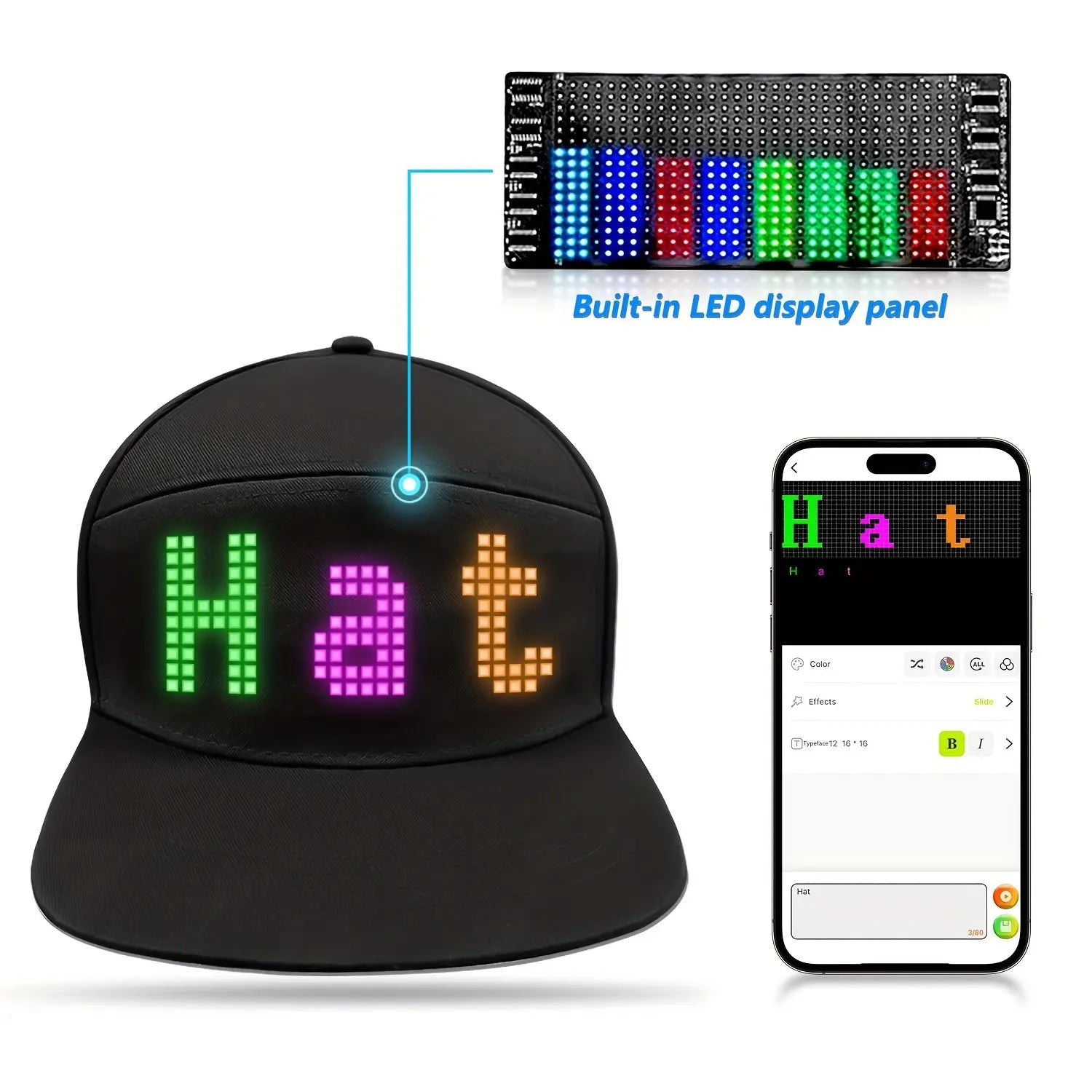 Iledshow Customizable LED Hat Baseball Cap with Bluetooth – Display Your Message in Full Color! 16×32 Bright Perfect for Parties, Events, and Gifts