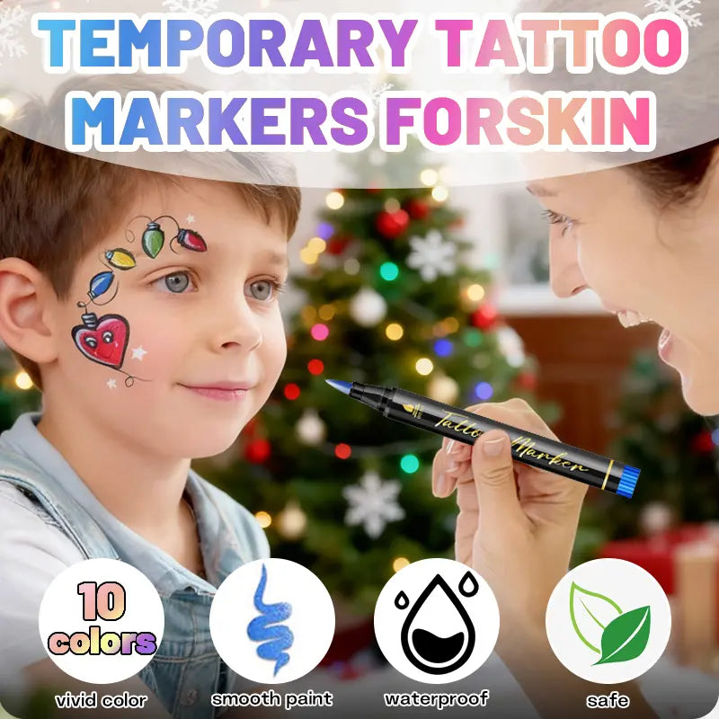 Temporary Tattoo Markers for Skin 10-Count Body Markers 10 Colors Tattoo Pens Waterproof Sweatproof Long-Lasting Body Art Markers for DIY Designs Easy to Remove Washable Body Painting Perfect for Parties and Festive Gifts