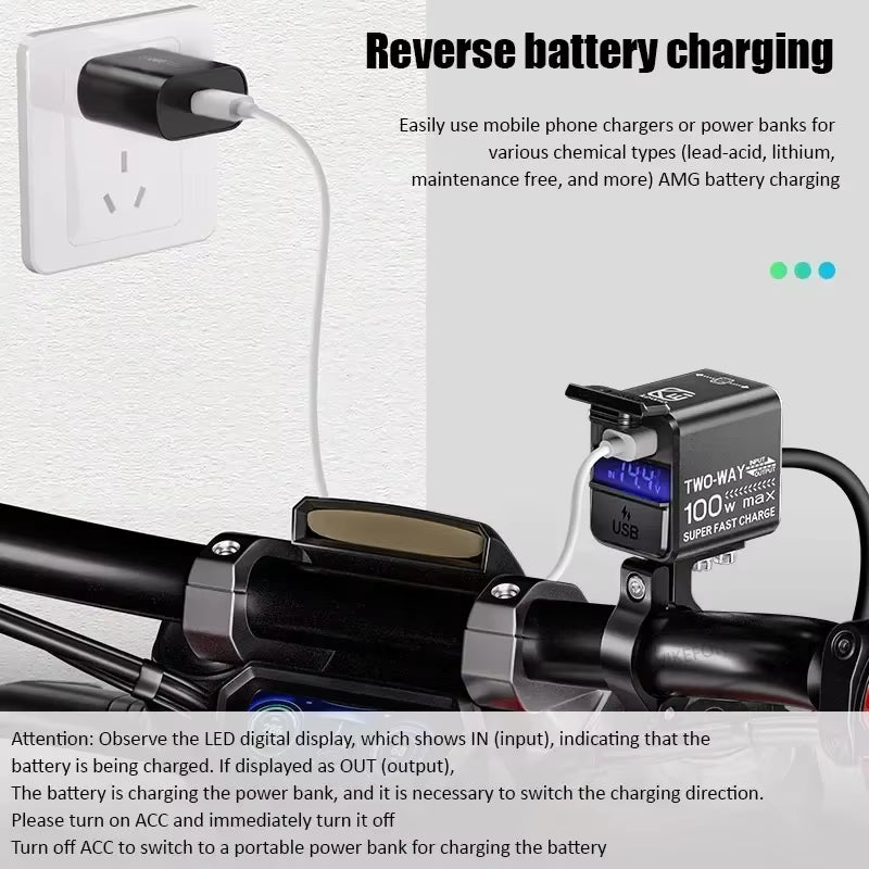 Motorcycle USB Phone Charger 100W Super Fast Emergency Two-Way Charging PD & QC3.0 Moto Battery Charger & Voltmeter for Iphone