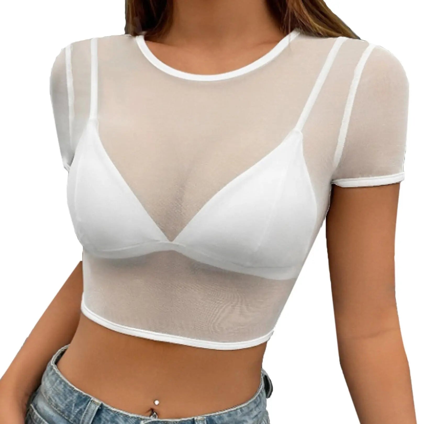 Mesh Crop Top for Women Short Sleeve Bodycon Tees Y2K See through Blouse O Neck Clubwear