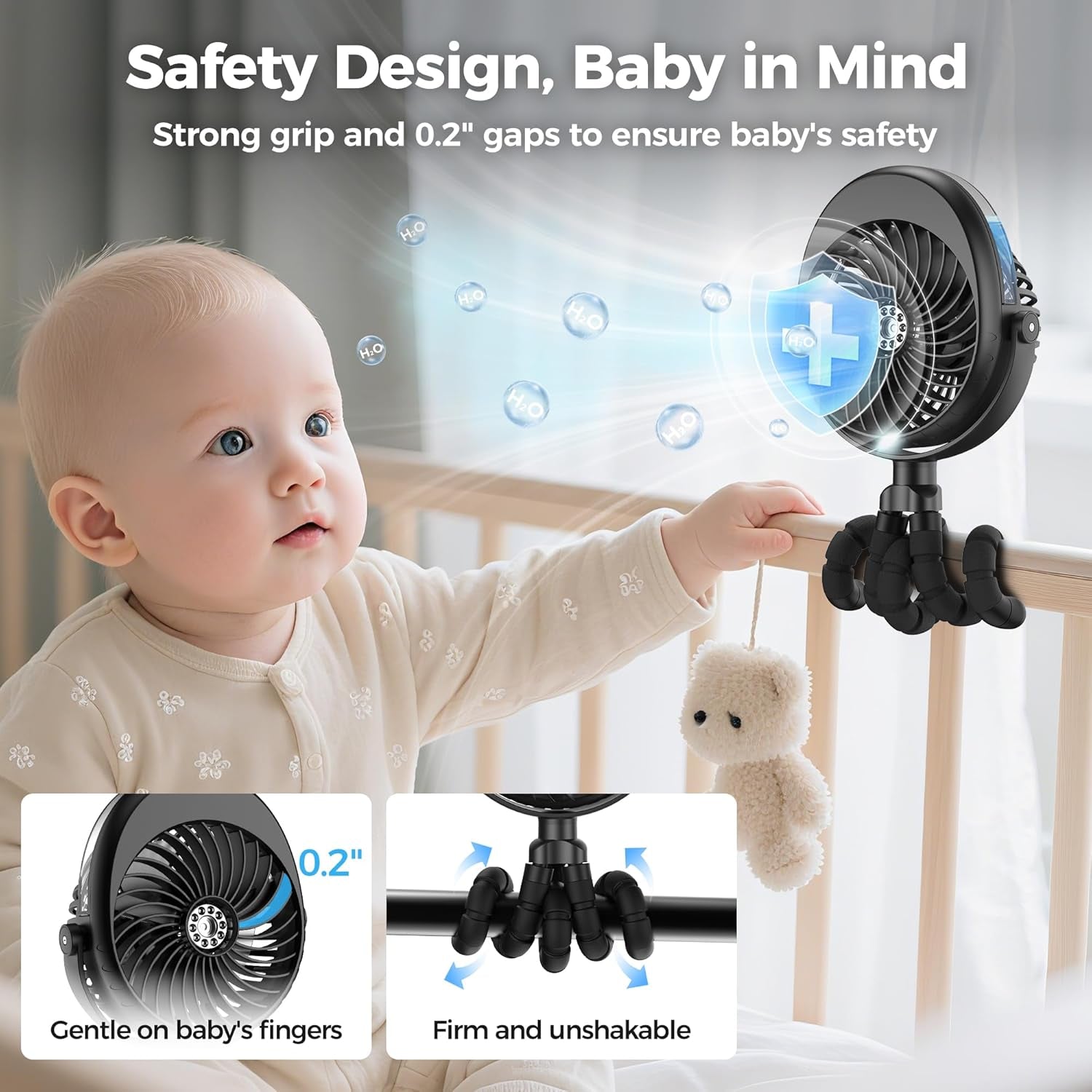 2025 Upgarded 4000Mah Misting Baby Stroller Fan, Rechargeable Battery Operated,Max 15Hrs Cooling,50Ml Portable Water Sprayer Misting Fan with Flexible Tripod Clip on Car Seat Crib Treadmill Bunk Bed