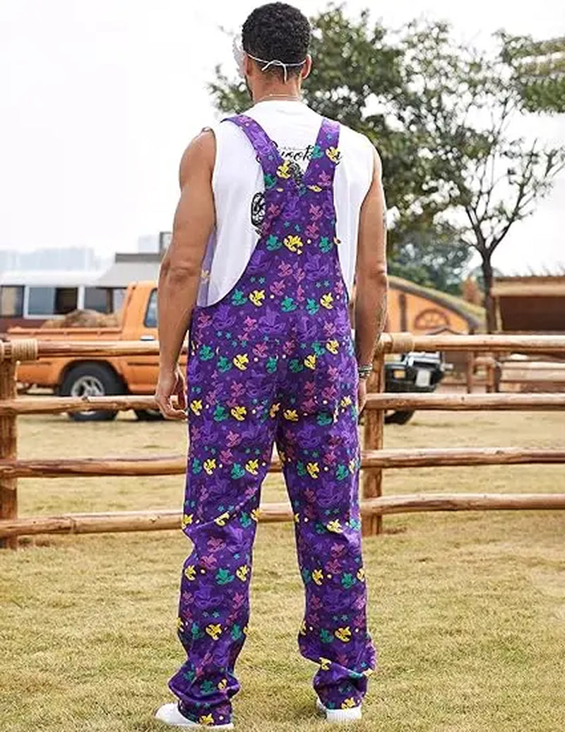 Yuanbang 2026 Spring New Style Men Mardi Gras Overalls Stretch Denim Bibs Work Coveralls Printed Jumpsuits Purple Romper Y2K Festival Outfits Holiday Gifts Menswear