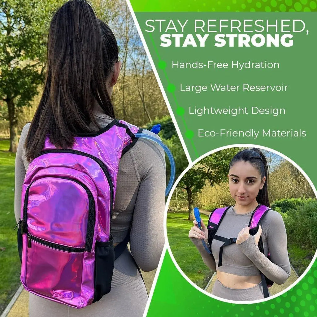 Good ES Reflective Hydration Backpack for Women with 2L Bladder, Festival Essential, Rave Hydration Pack Hydropack Hydro for Hiking, Running, Biking, Festival Gear