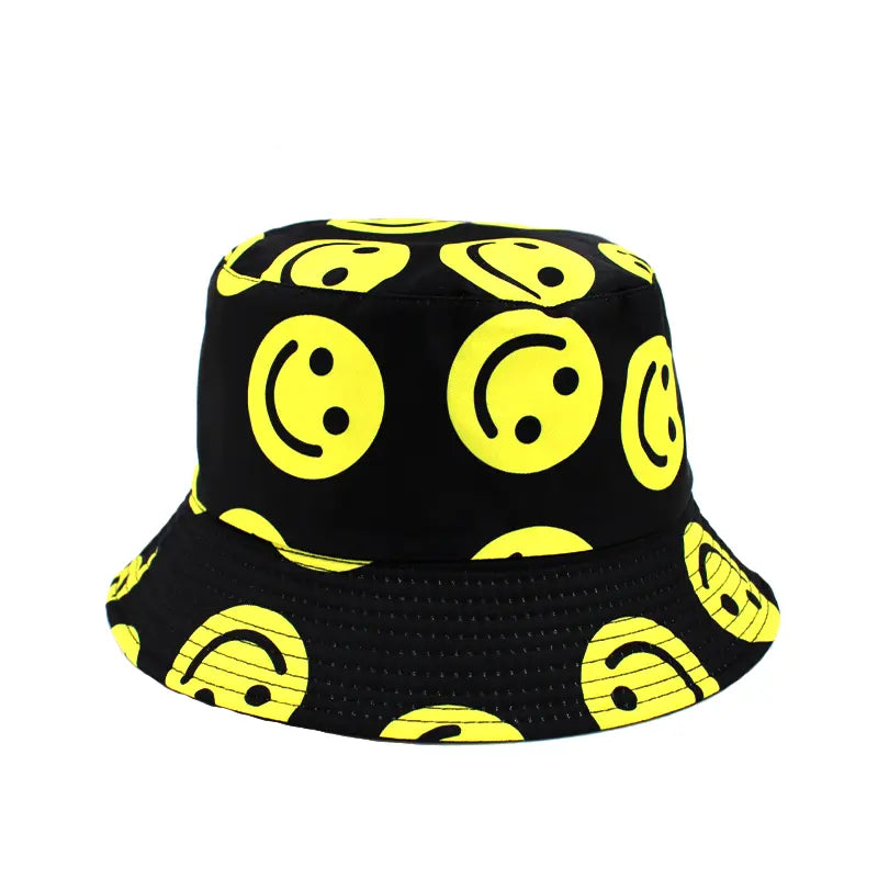 Happy Face Hot Trendy Black Yellow Reversible Bucket Hat Smiley Face