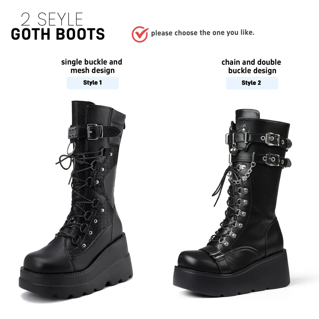 Womens Goth Platform Boots Chunky Wedge Heel Rave Combat Boots Lace up and Zipper round Toe Mid Calf Boot for Concert Festival