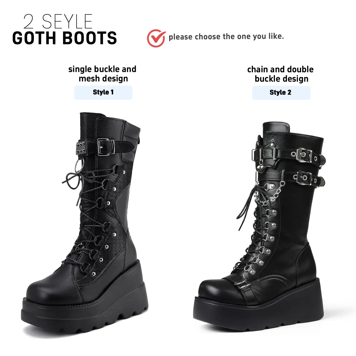 Womens Goth Platform Boots Chunky Wedge Heel Rave Combat Boots Lace up and Zipper round Toe Mid Calf Boot for Concert Festival