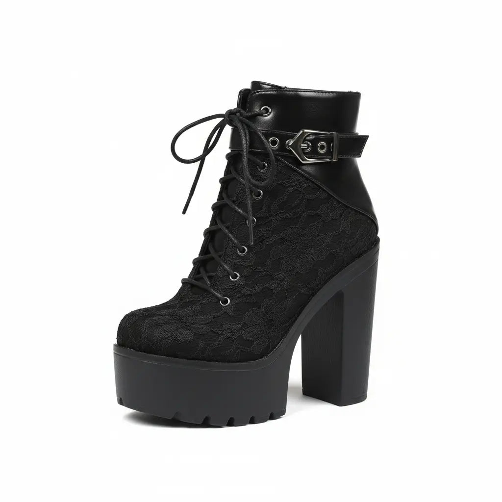 Ankle Boots for Women Platform Goth Boot round Toe Chunky Block High Heel Lace up Side Zipper Metal Buckle Victorian Lace Fashion Date Punk Rave Party Concert Combat Booties