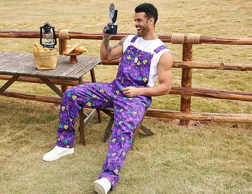 Yuanbang 2026 Spring New Style Men Mardi Gras Overalls Stretch Denim Bibs Work Coveralls Printed Jumpsuits Purple Romper Y2K Festival Outfits Holiday Gifts Menswear