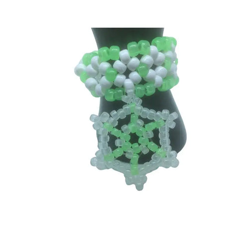 2 Glow Green Kandi Mini Cuff Rave Bracelet W/Bead Snowflake Charm of Glow in Dark Mini Pony Beads EDC