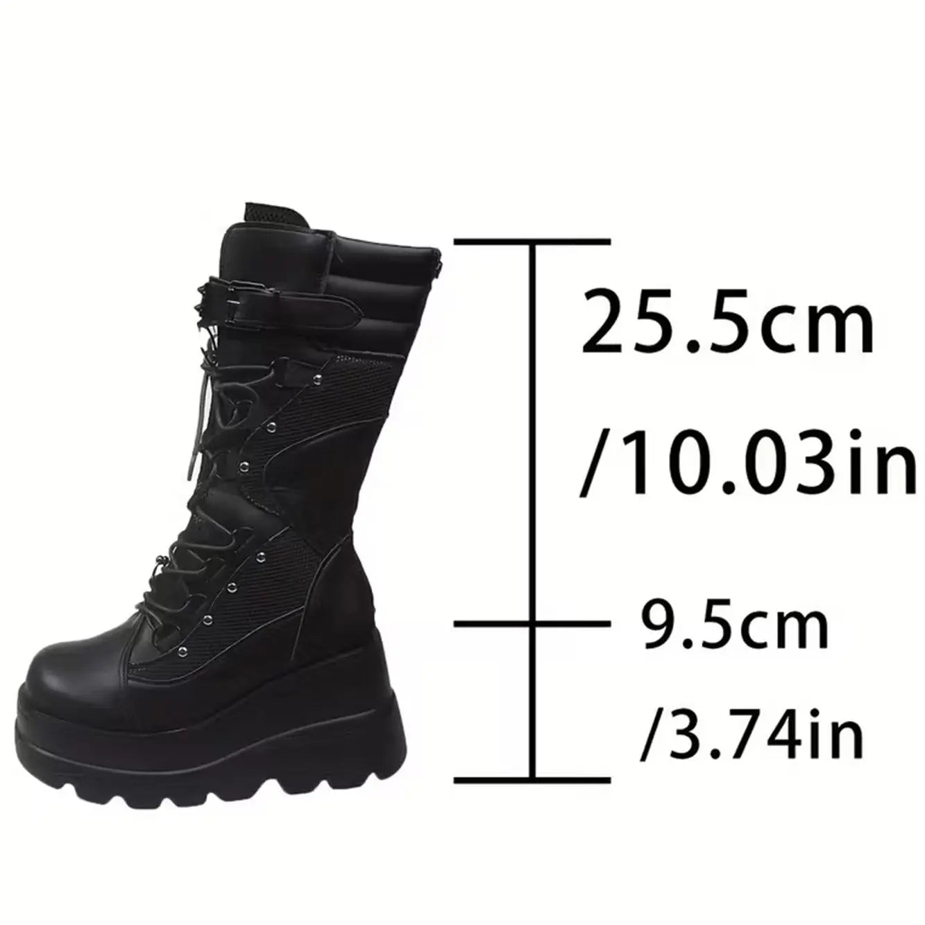 Womens Goth Platform Boots Chunky Wedge Heel Rave Combat Boots Lace up and Zipper round Toe Mid Calf Boot for Concert Festival
