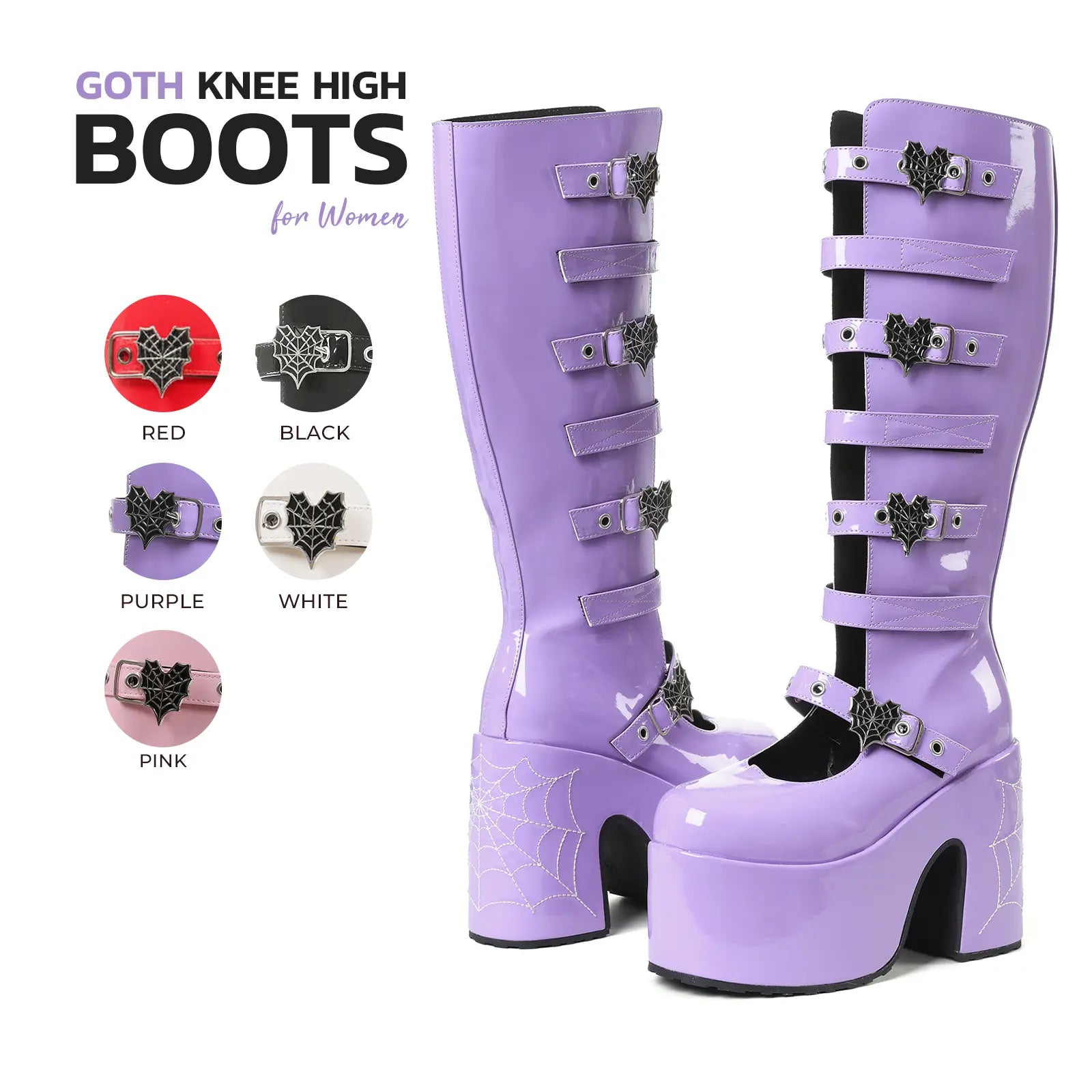 VIMISAOI Womens Platform Knee High Goth Boot round Toe Chunky Block High Heel Metal Buckles Spider Combat Motorcycle Punk Rave Party Fashion Boots