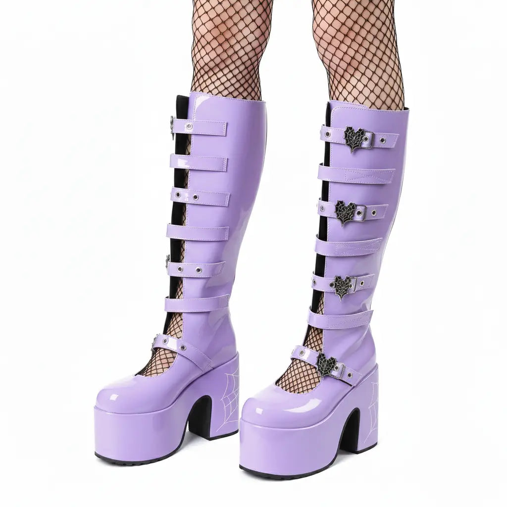 VIMISAOI Womens Platform Knee High Goth Boot round Toe Chunky Block High Heel Metal Buckles Spider Combat Motorcycle Punk Rave Party Fashion Boots