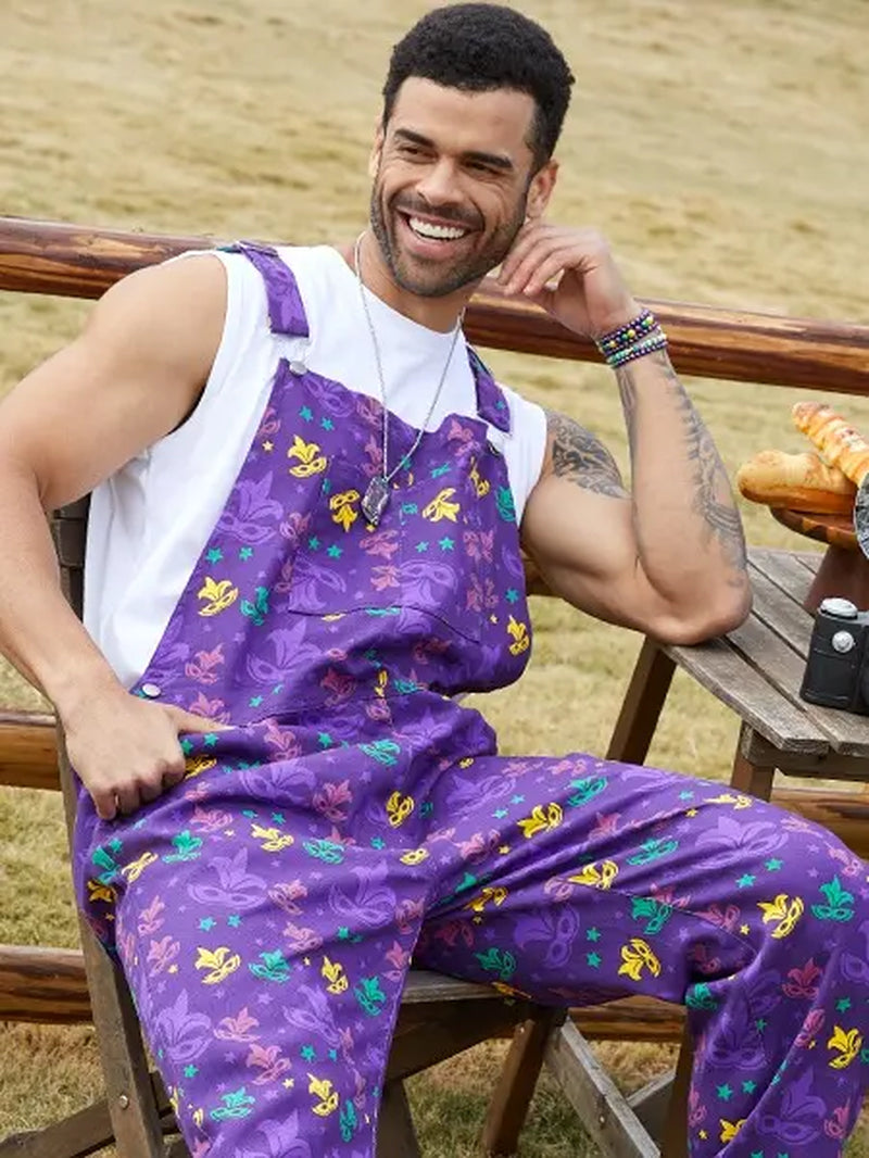 Yuanbang 2026 Spring New Style Men Mardi Gras Overalls Stretch Denim Bibs Work Coveralls Printed Jumpsuits Purple Romper Y2K Festival Outfits Holiday Gifts Menswear