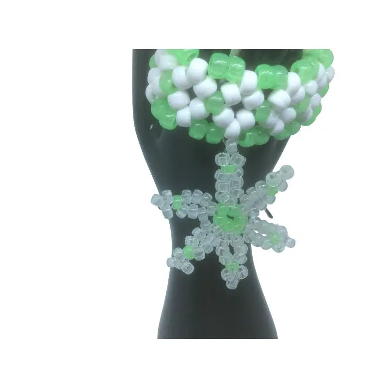 2 Glow Green Kandi Mini Cuff Rave Bracelet W/Bead Snowflake Charm of Glow in Dark Mini Pony Beads EDC