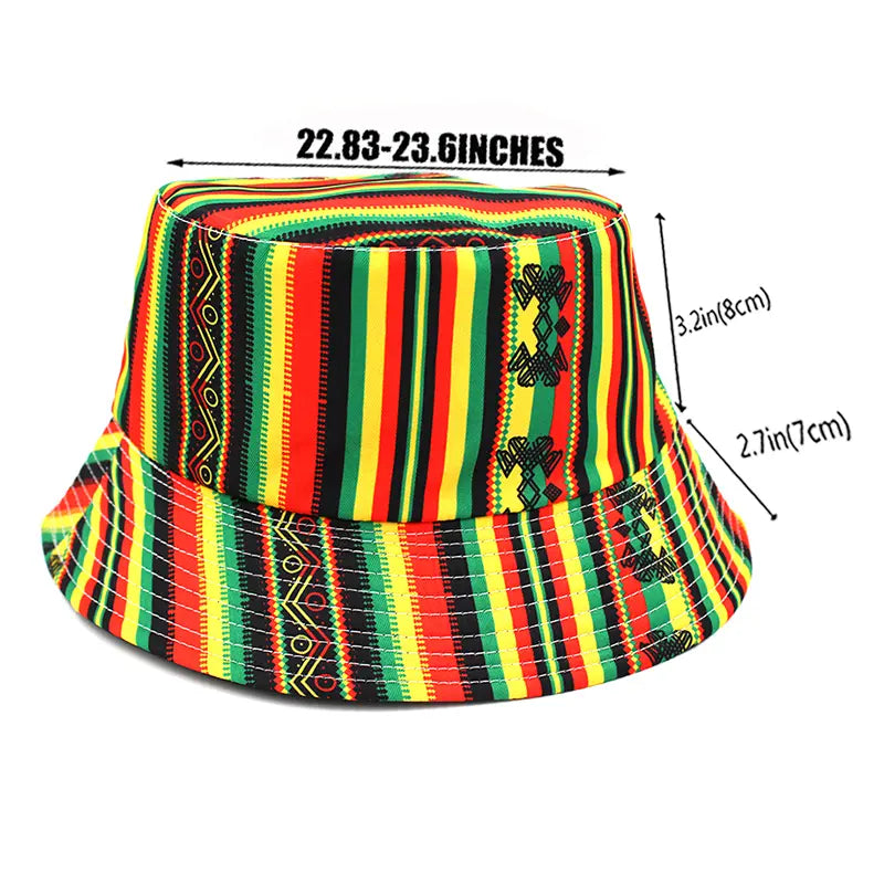 Bohemian Rasta Tribal Jamaican Reggae Hot Trendy Rastafari Reversible Bucket Hat Summer Striped Cotton Silk