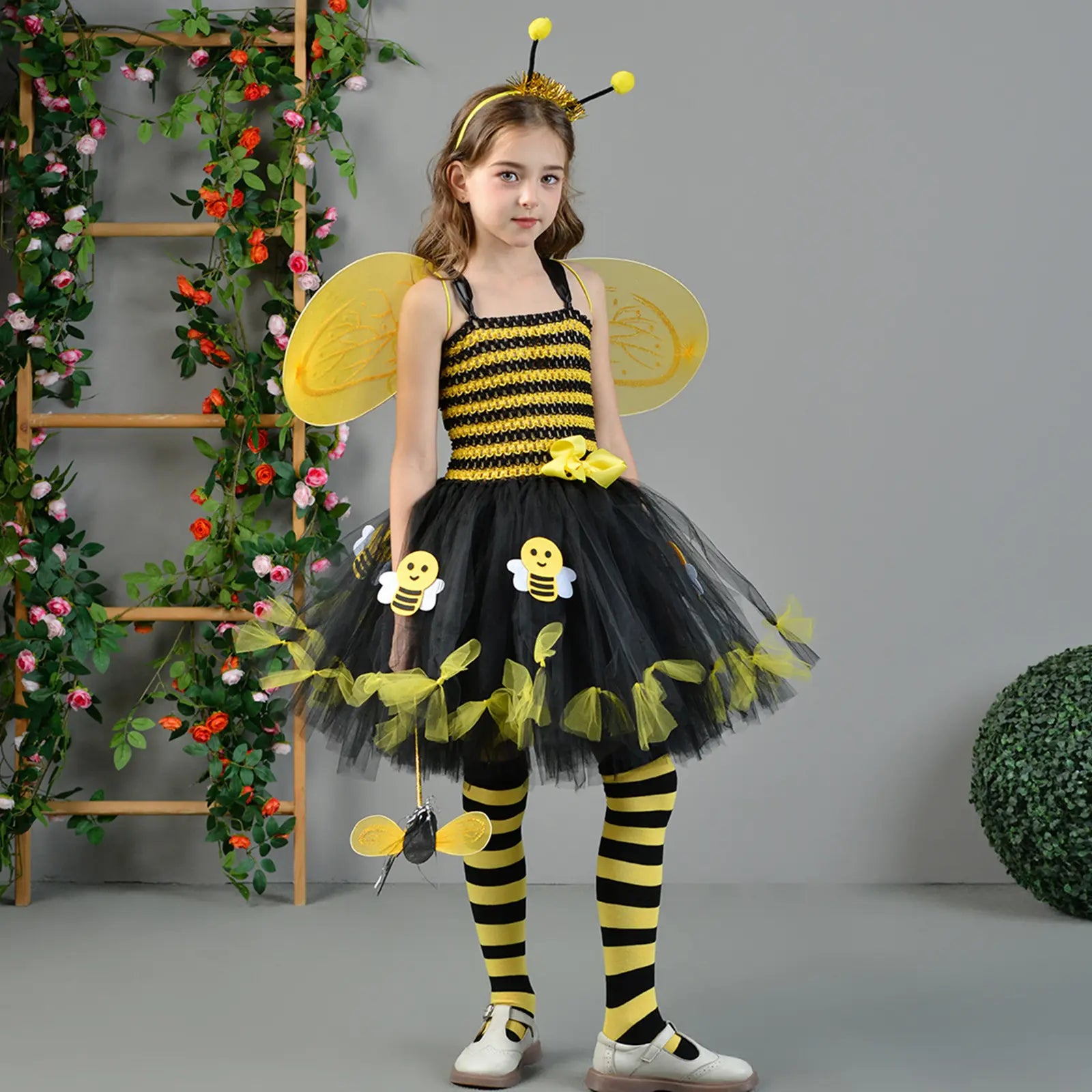 Toddler Kids Girls Halloween Cosplay Bee Costume Sleeveless Tulle Dress Headband Leg Warmers Wand Wing Sets for Rave Cosplay Party