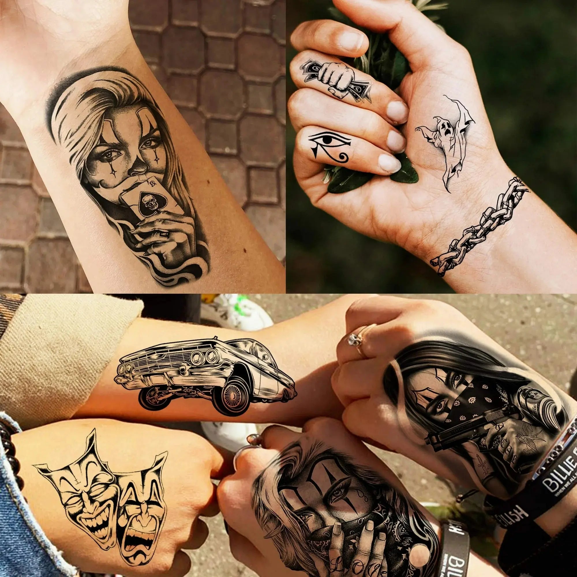 6 Sheets Large Chicano Temporary Tattoos for Men Women Adult,Chicana Guadalupe Gangster Fake Tattoos Prisoner Day of the Dead, Halloween Mexico Tattoo Stickers,Tatuajes Temporales Autocolante