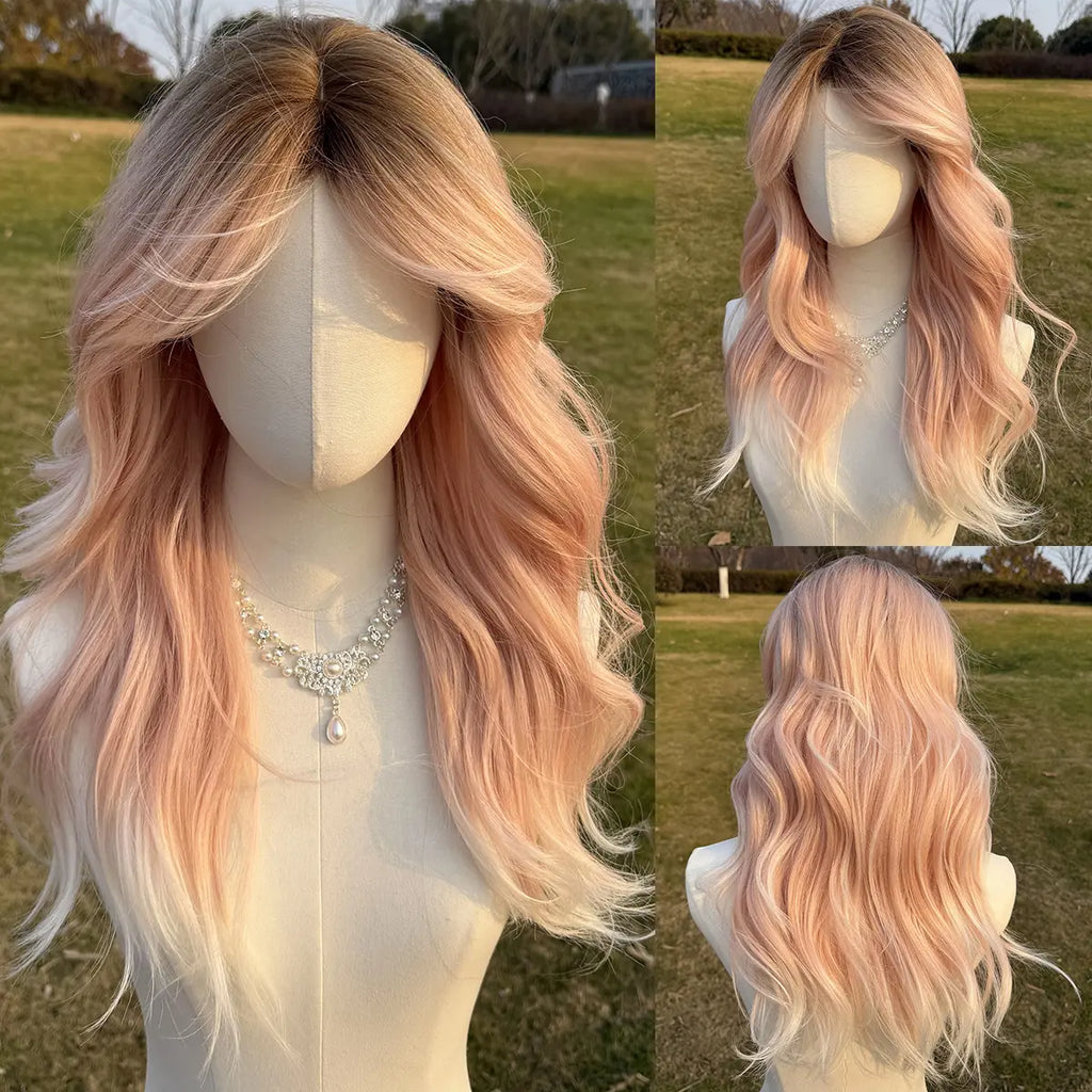 SMILCO 24" Ombre Pink Ash Brown Synthetic Wig, Glueless, Natural-Looking Scalp, Full Machine Cap, SM410 Adjustable Straps & Breathable Cap, Vibrant Color & Soft Texture