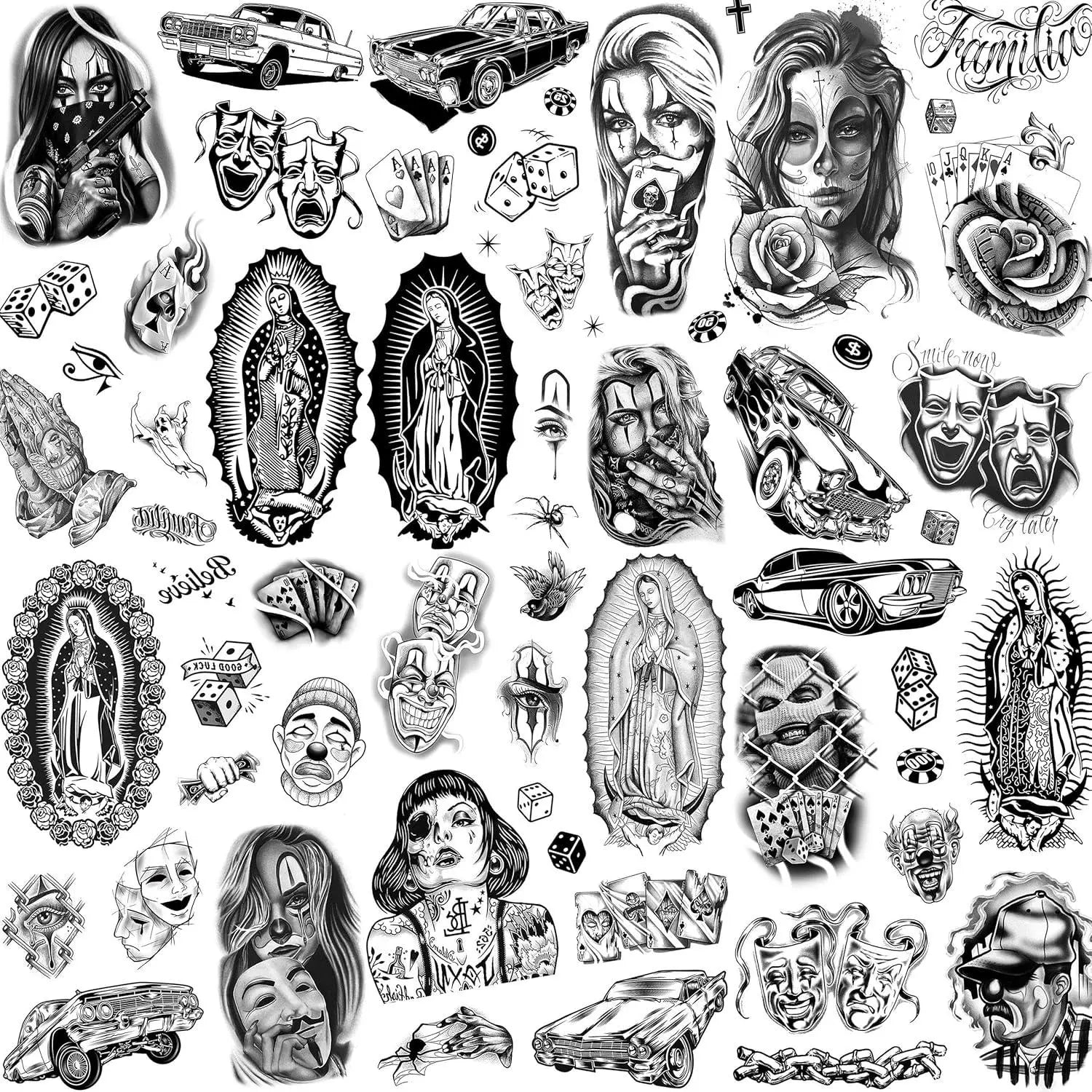 6 Sheets Large Chicano Temporary Tattoos for Men Women Adult,Chicana Guadalupe Gangster Fake Tattoos Prisoner Day of the Dead, Halloween Mexico Tattoo Stickers,Tatuajes Temporales Autocolante